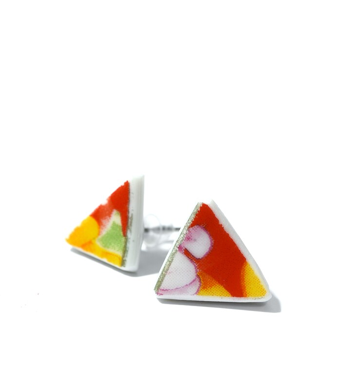 Серьги гвоздики оранжевые треугольные из посуды (upcycle) керамические